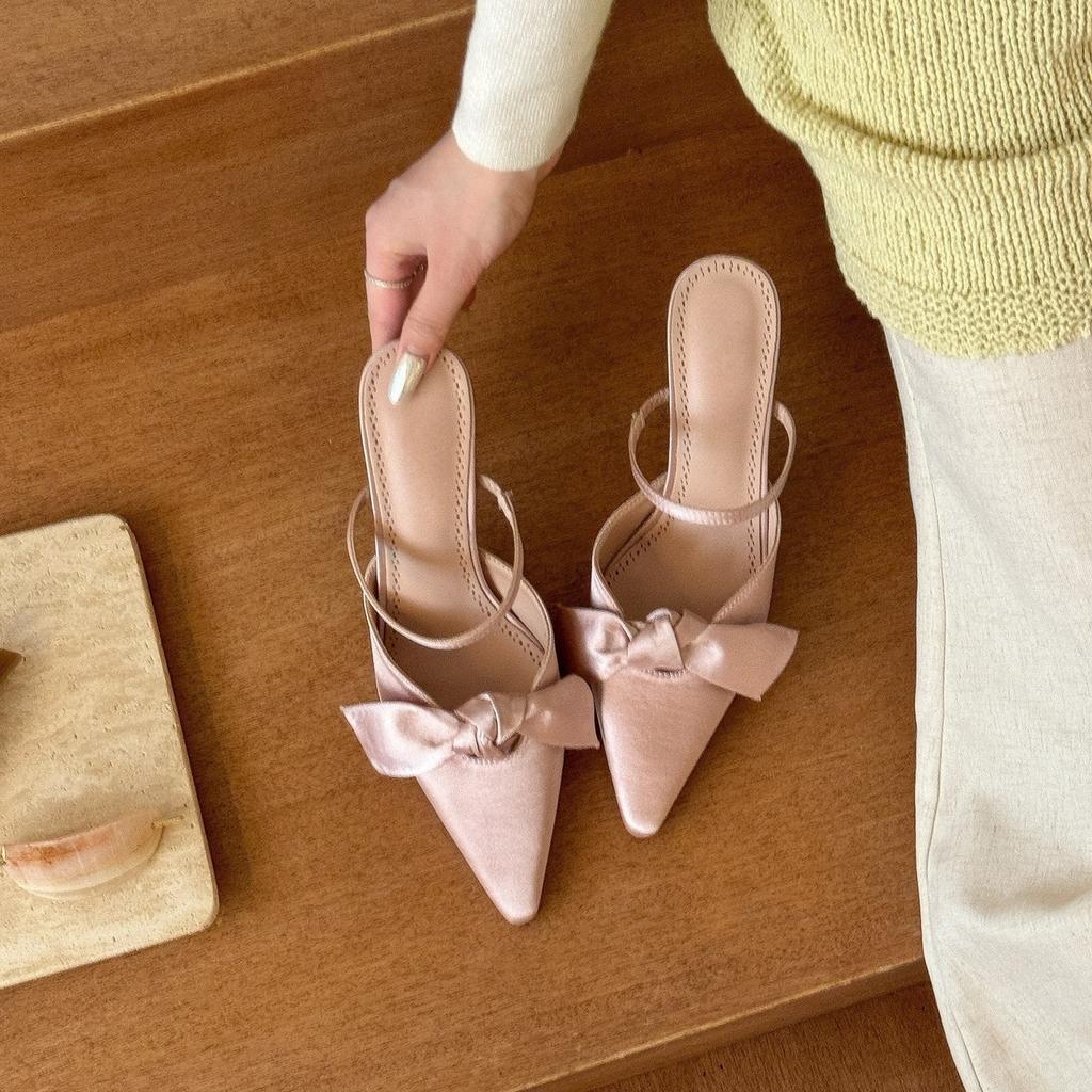 Premium white moonlight! Satin white pointed head bow high heels women's empty sandals