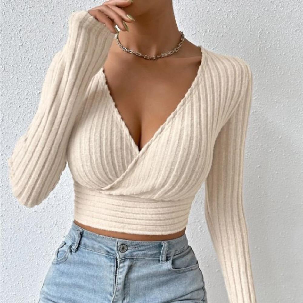 

IHUASU женская осенняя короткая пряная глубокая V-образная вырезная тонкая сексуальная футболка с длинным рукавом L абрикосовый