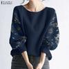 ZANZEA Women Print Splice Long Sleeve Loose Casual Blouse
