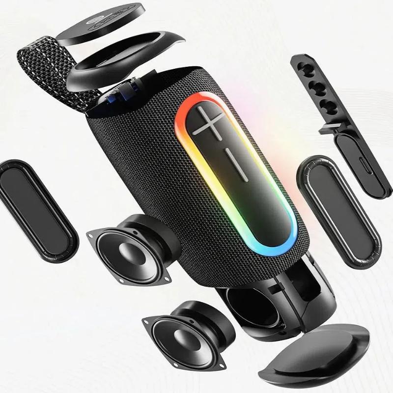 Alto-falante Bluetooth com efeito de luz RGB colorido portátil para áreas externas com cordão e sistema de som com subwoofer