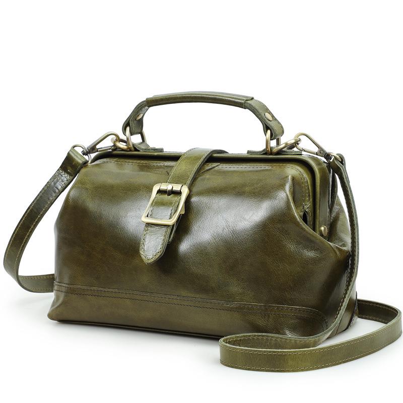 Full-Grain Cowhide Convertible Women's Shoulder Handbag with Metal Hinge Buckle