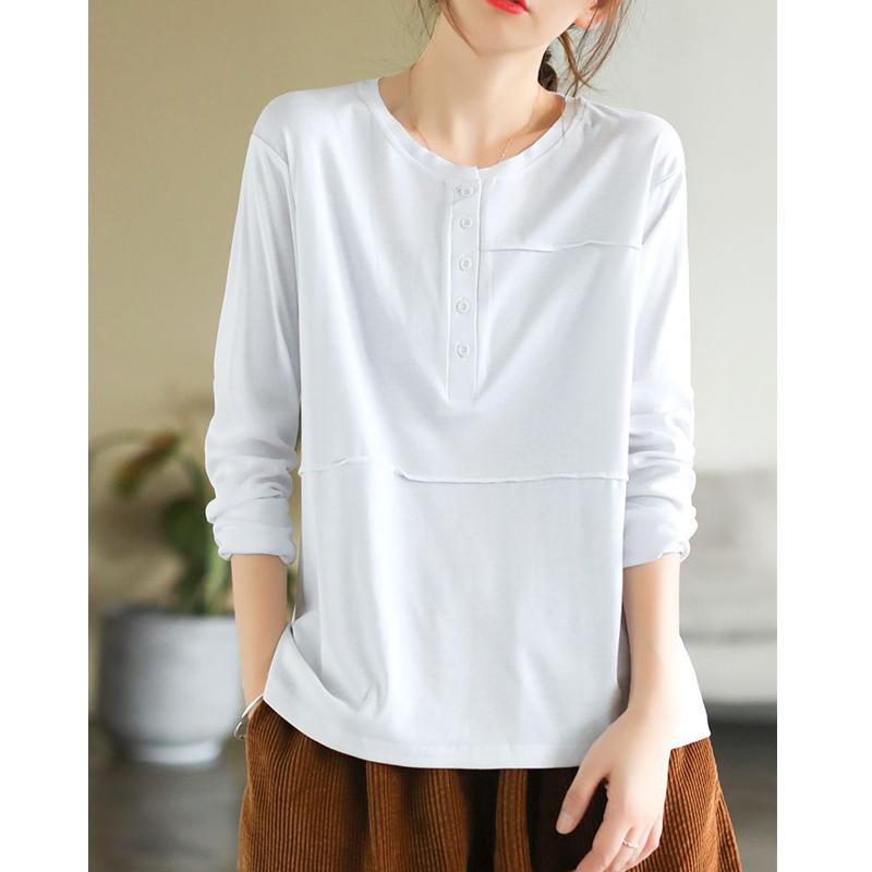 Literary Retro Spring and Autumn Long-sleeved T-shirt Women's Casual Thin Stitching Button Bottoming Shirt Top Women