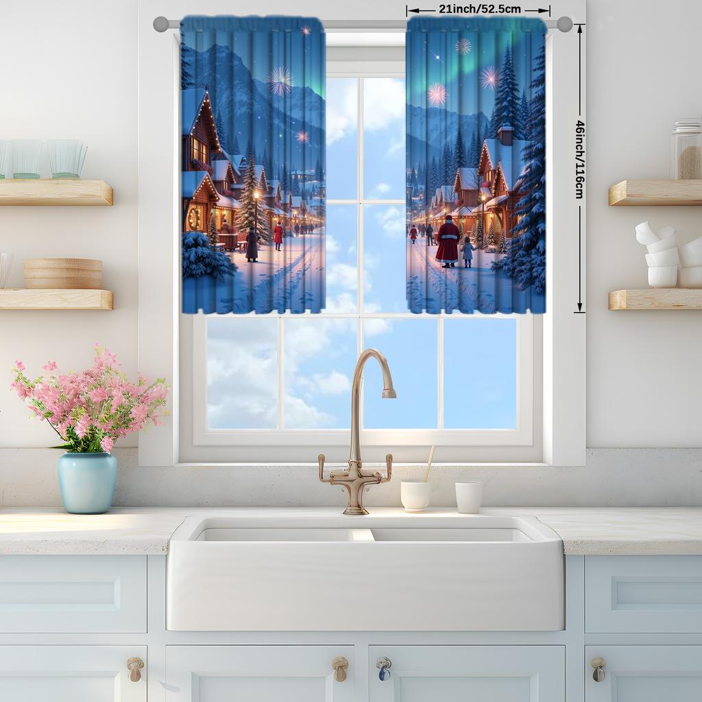 2pcs Christmas Snow Scenery Printed Curtain for Christmas Home Decor - Rod Pocket Window Treatment for Bedroom, Office, Kitchen