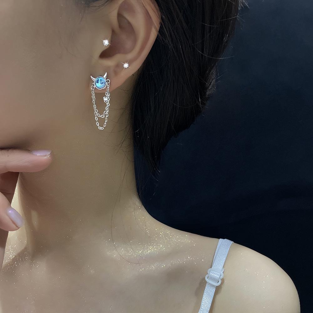 Moonstone Double Layer Heart Tassel Earrings - Y2K Spice Girl Style