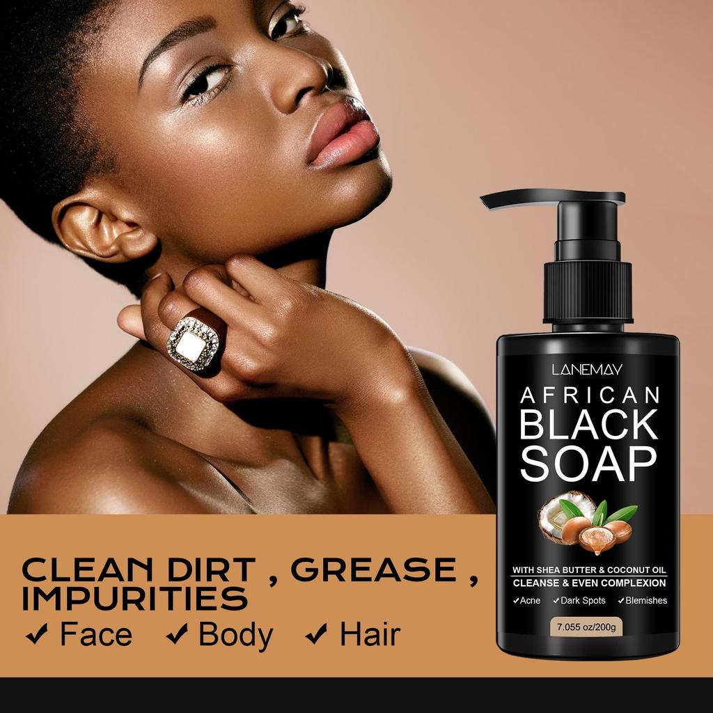 African Black Soap Liquid Clearing Body Wash - Deep Cleansing of Skin Impurities and Contaminants-Evenly Brighten Skin Tone,200g