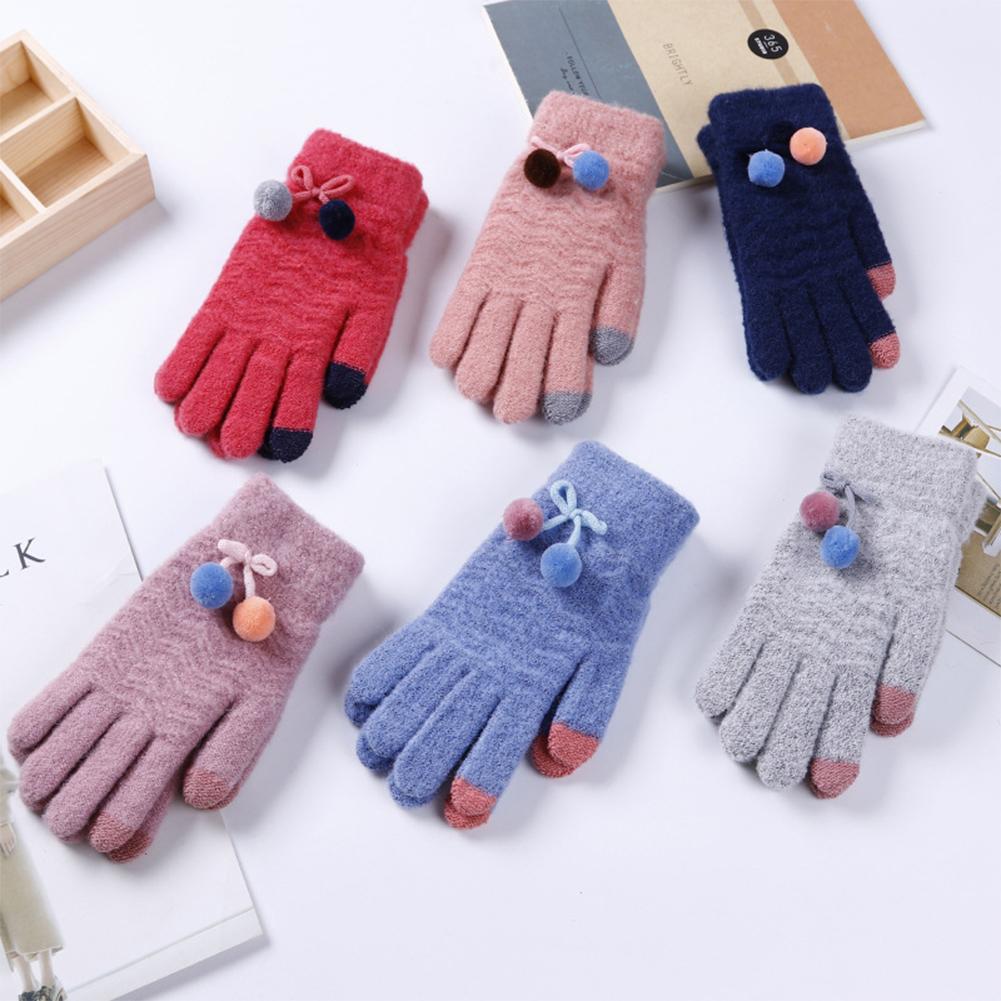 Women Knit Gloves with Cute Plush Ball Warm Hands Keeper Lady Touch Screen Gloves