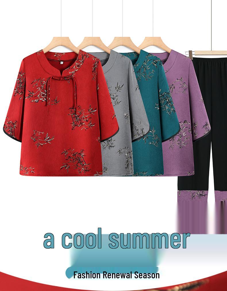 Chic Summer Two-Piece Set: Short-Sleeved Chinese Style for Middle-Aged and Elderly Women