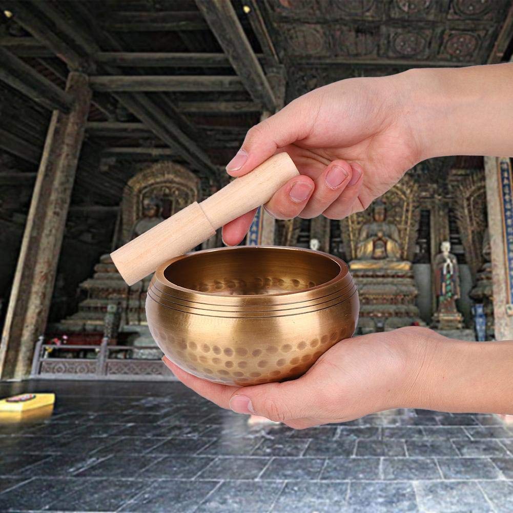 Brass Meditation Singing Bowl with Wooden Mallet, Traditional Tibetan Style, Hammered Finish, Nepalese Buddhist Prayer Bowl, Copper Bowl