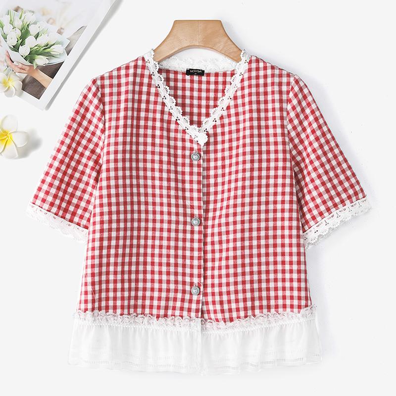 VONDA Women V Neck Short Sleeve Lace Crochet Patchwork Buttons Plaid Casual Blouse