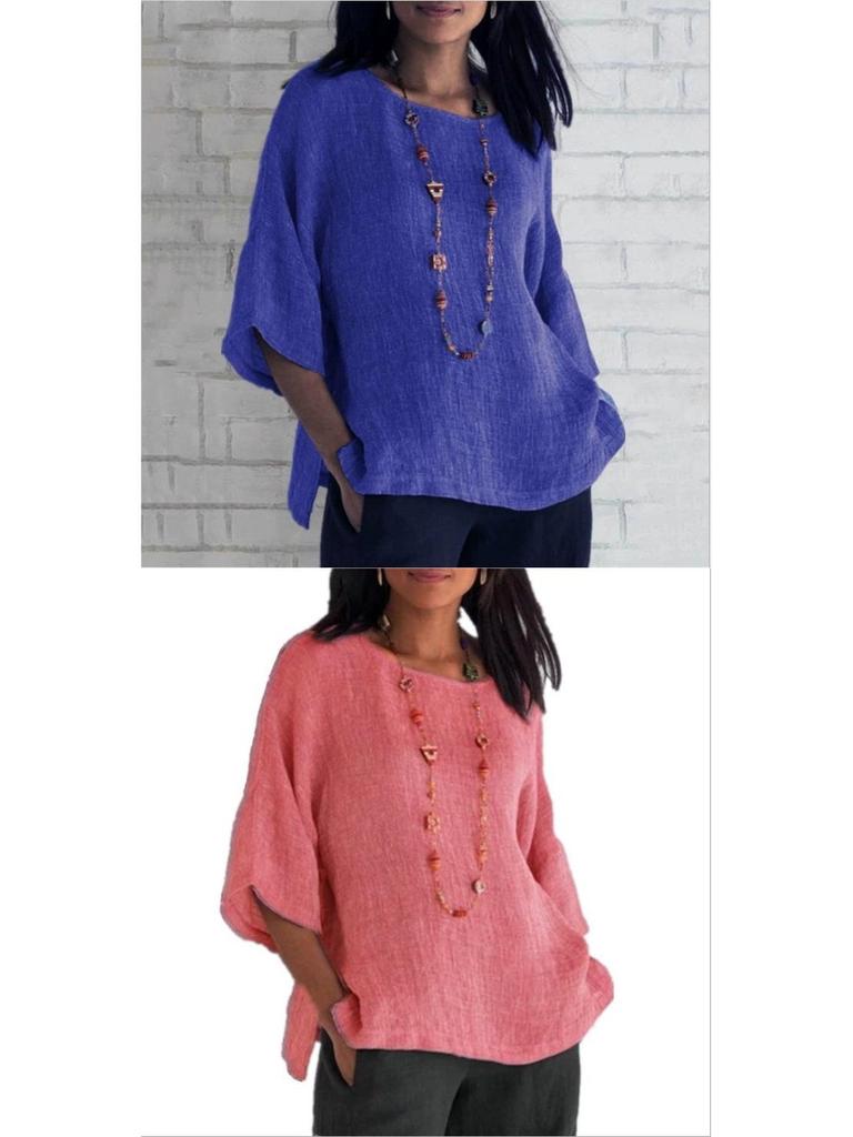 Women's Cotton Linen Three-Quarter Sleeve Shirt - Round Neck Top