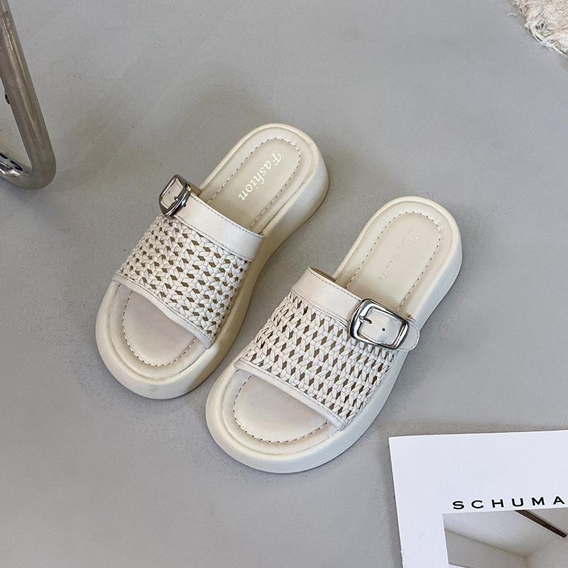 Korean Version of Thick-bottomed Cool Slippers for Women To Wear 2025 Summer New Fairy with Skirt Hollowed-out Woven One-word Cool Slippers