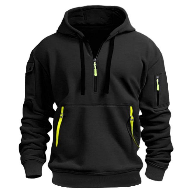 European Men's Fleece-Lined Hooded Jacket with Multi-Zipper Pockets for Autumn/Winter
