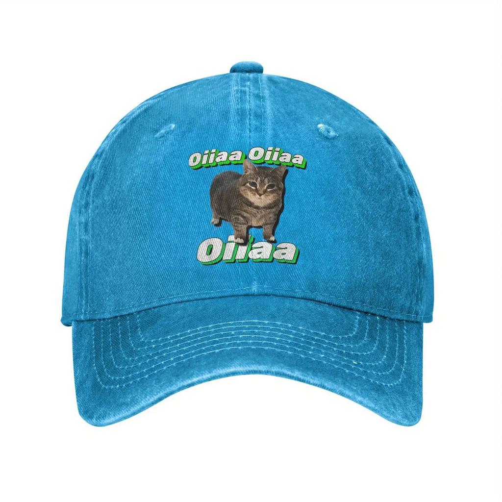 OIIAA Retro Spinning Cat Meme Baseball Cap Adjustable Lightweight Distressed Washed Black Hat with Green Text Casual Outdoor