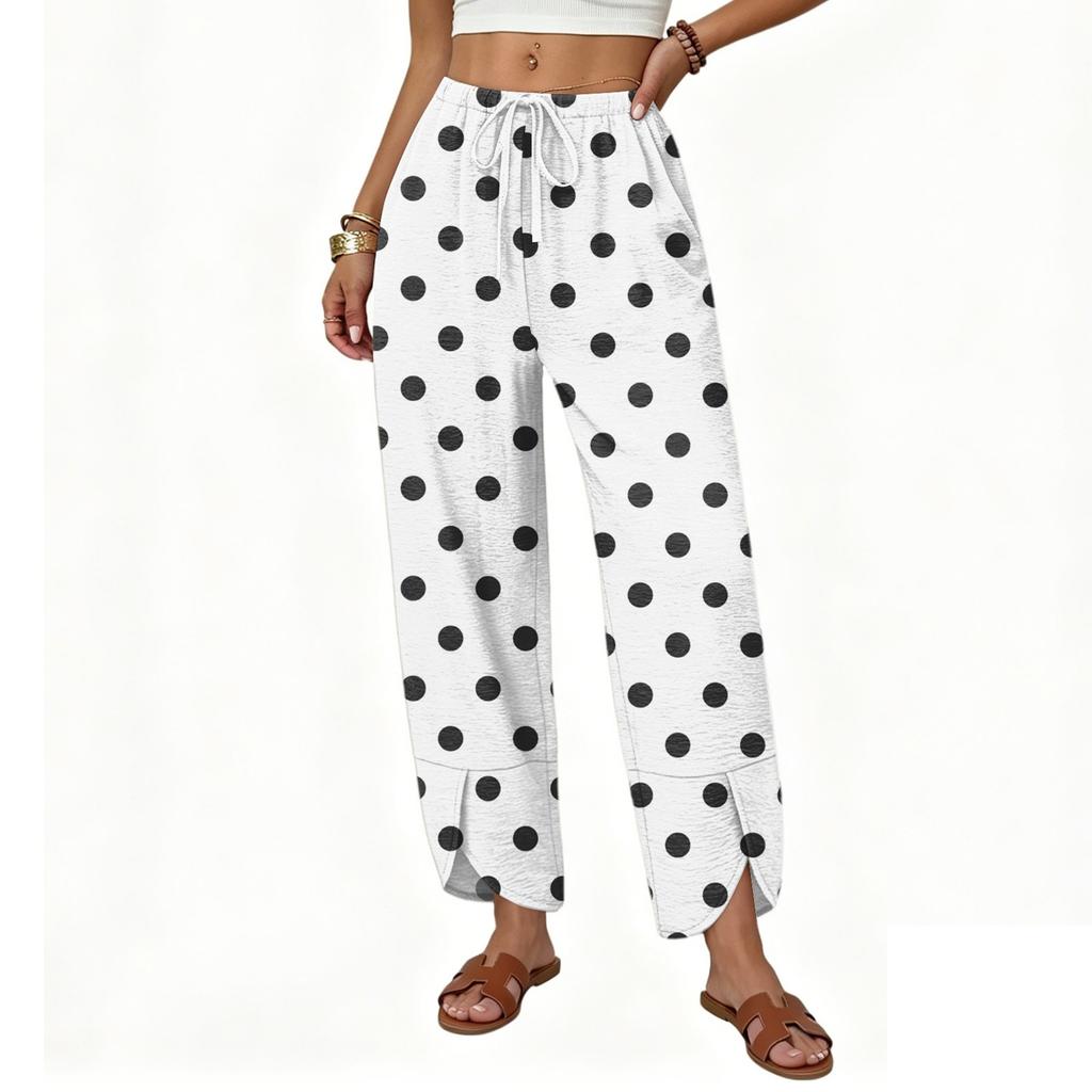 Damen Lässige Weite Hosen Lockerer Sitz Gerader Schnitt Knopfdetail Bedrucktes Muster Kordelzug Taille Lange Hosen