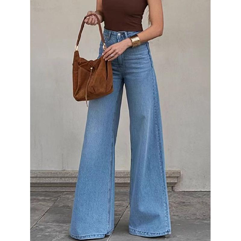 Women's Stretch Mid-Waist Jeans Elegant Casual Party Denim Pocket Wide-Leg Pants