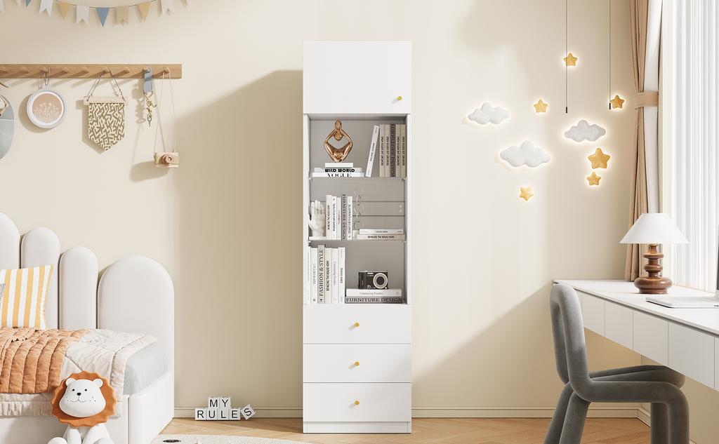 Vetrina, Armadio Alto, Armadio Contenitore, Libreria, con Scomparti Aperti, con Cassetti, Ripiani in Vetro Regolabili in Altezza, Bianco, 50×40×180 cm