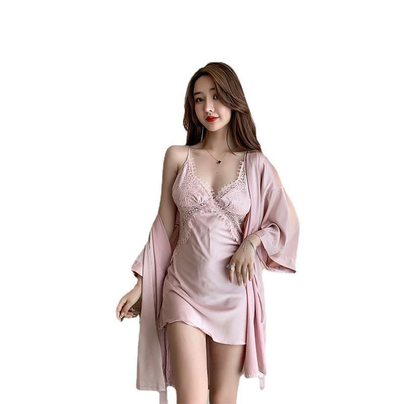 Sexy Pajamas Women's Ice Silk Thin with Chest Pad Lace New Year's Suspender Nightdress Two-piece Summer New Product