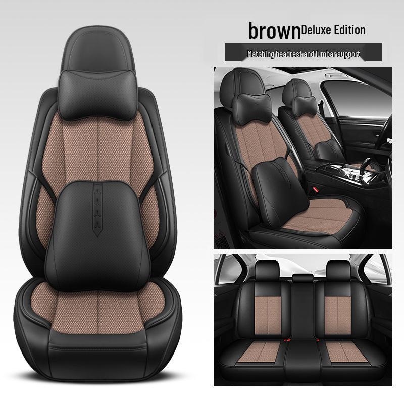 Universal Five-Seater Car Seat Cushion with Leather and Hemp Lumbar Support - All Seasons