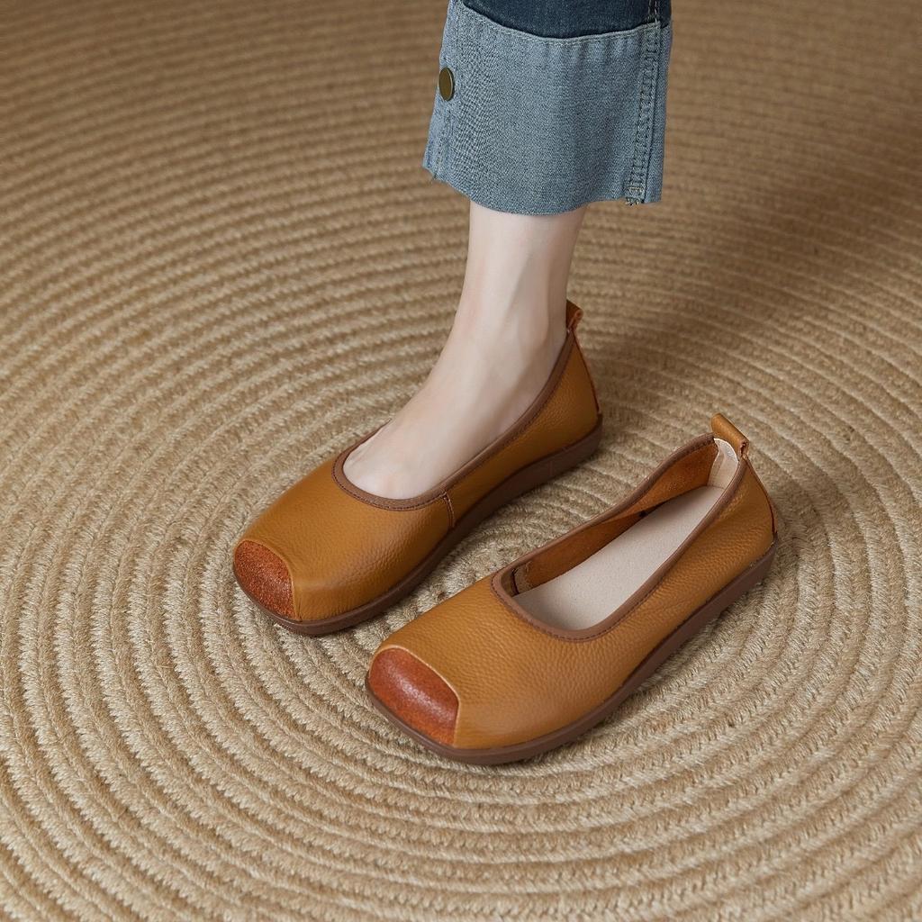 Genuine Leather Women Single Shoes Simple Flat Bottom Mom Shoes Square Head Shallow Mouth Flats Ladies Casual Comfort Shoes