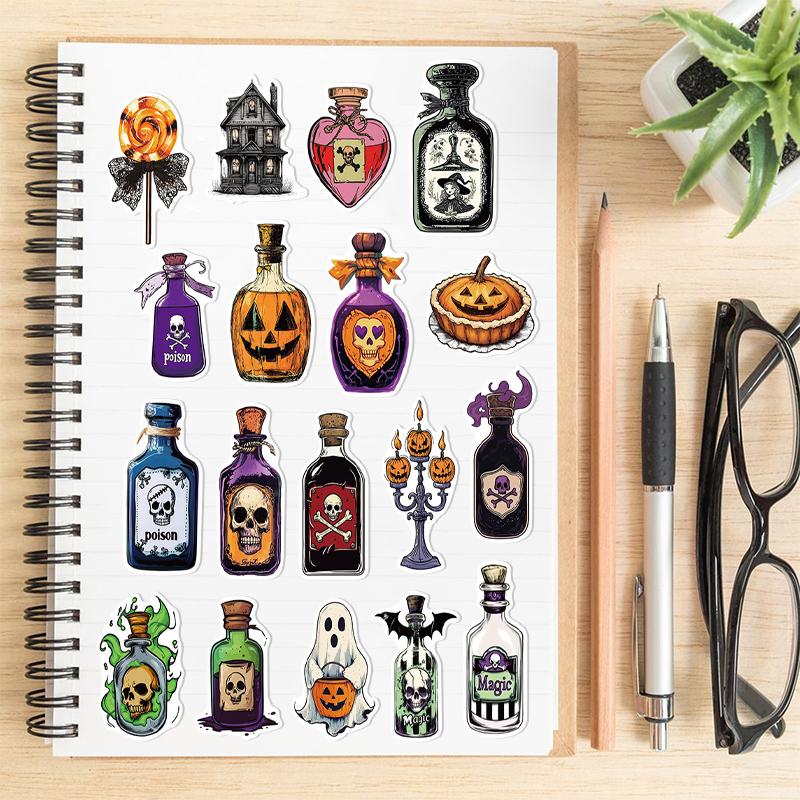 50PCS Retro Halloween Magic Potion Stickers Magic Skull Bat Potion Sticker Skull Pumpkin Theme Potion Sticker Gothic Style Vinyl