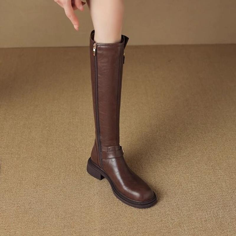 Autumn Winter Round Toe Leather Middle Heel Women'S Long Boots Y2K  Chic And Elegant Work Ladies Knee High Shaft Shoes