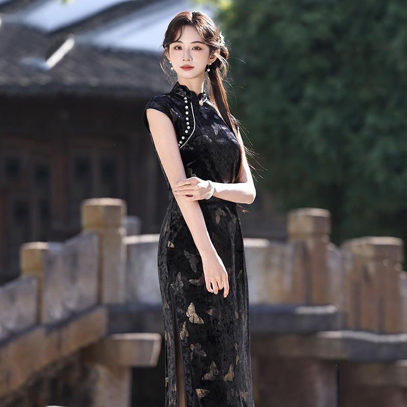 Black Velvet Modern Cheongsam Dress Women 2026 Vintage Style Long Sleeveless Elegant Wear