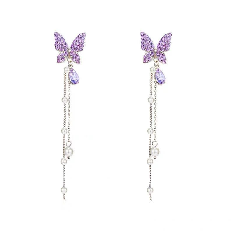 A Two-wear Long Tassel Super Fairy Earrings, Silver Needle Retro Super Fairy Purple Butterfly Earrings, Ear Jewelry.