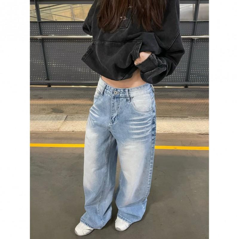 Damen Distressed Gewaschene Jeans Low Rise Hohe Taille Weiter Bein Gerader Schnitt Lockerer Sitz Hosen