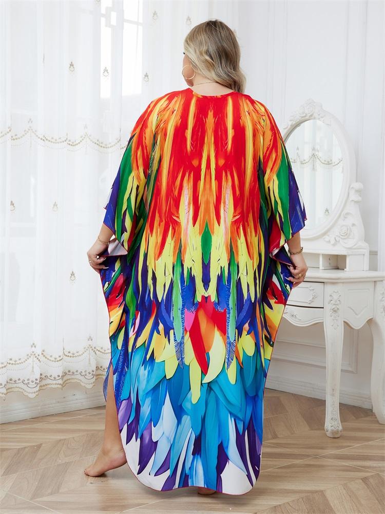 EDOLYNSA Plus Size Women Kaftan Dress Outfits Boho Colorful Printed Vacation V-neck Split House Robe Summer Beachwear Bathing Suit Cover Up Q1588