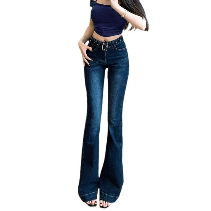 American Women's Low-Waisted Skinny Belted Micro-Flare Jeans - New Slimming Versatile Flared Pants for 2026 Autumn/Winter
