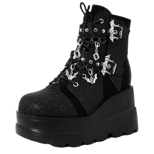 Thick-soled Women's Boots with Wedges, Bat Belt Buckle, Short Martin Boots for Women