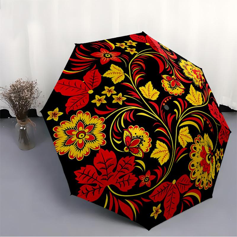 1 Stück Rot-Gelbes Blumenmuster Automatischer Öffnungs-/Schließ-Faltregenschirm, Kompakter Tragbarer Reise-Regenschirm, Niedlicher Regenschirm, Langlebige Konstruktion yy250804068