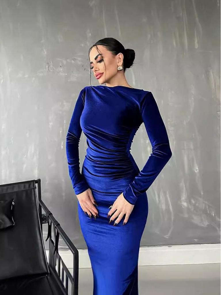 Damen Slim Fit Plissee Langarmkleid Herbst/Winter 2026, Einfarbig, Rundhals.