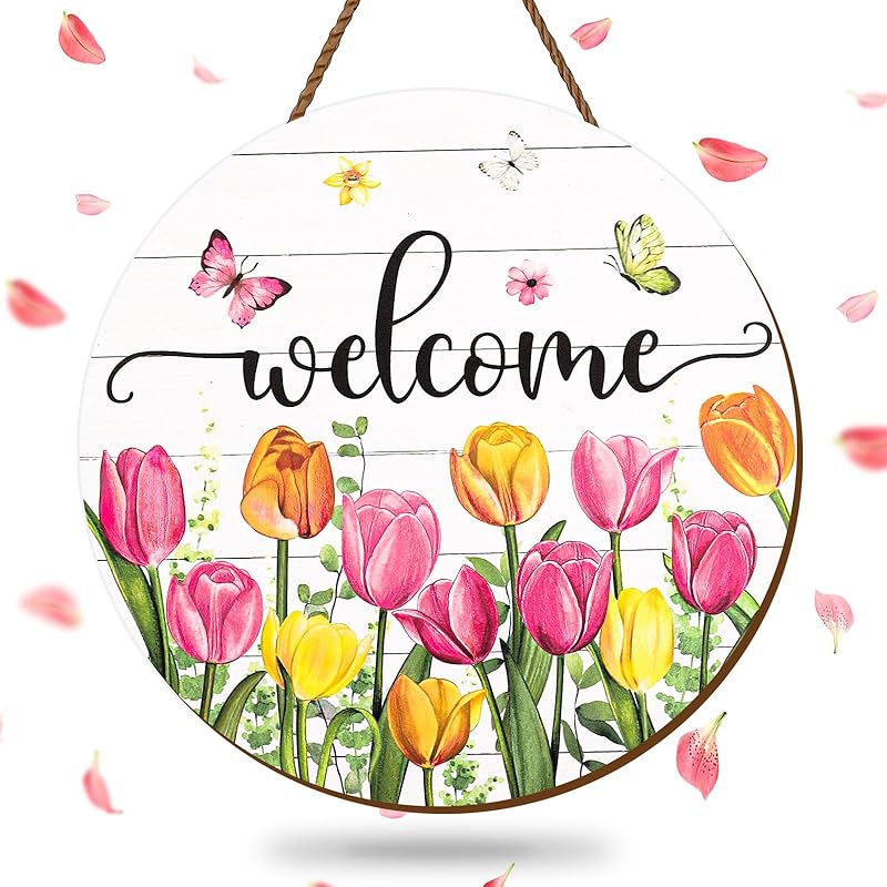 Summer Flower Welcome Door Sign Tulip Wooden Hanging Sign Floral Butterfly Door Hanger Sign for Spring Summer Holiday Indoor Outdoor Farmhouse Home