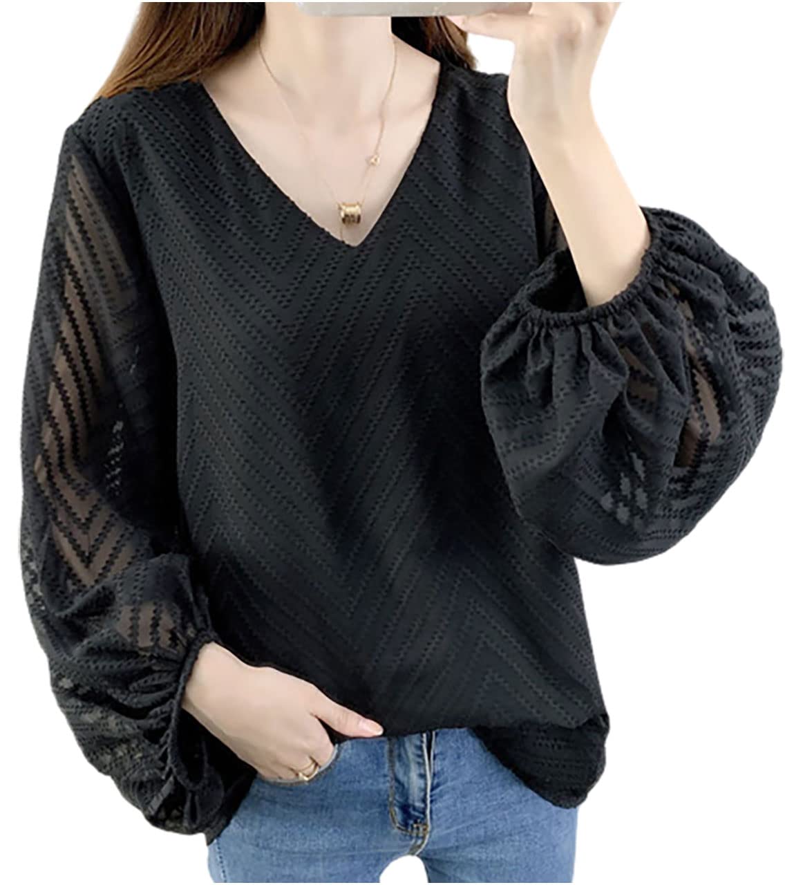 

Шифоновая блузка с рукавами-фонариками свободного кроя большого размера, рабочая, корейский шифон M.Luce, посадка, рукав, V-образный вырез, весна/лето, большая, L, стильная, 10, 20, 30, чёрный