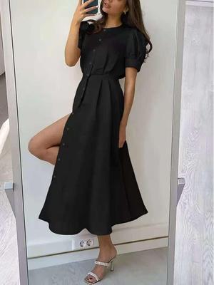 2025 Women's Solid Color High-Waisted Slit Dress - European & American Fashion