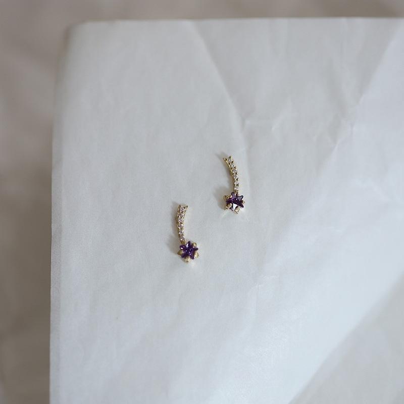 925 Sterling Silver Electroplated 14K Gold Purple Zircon Star Earrings for Women Korean Cute Jewelry Design