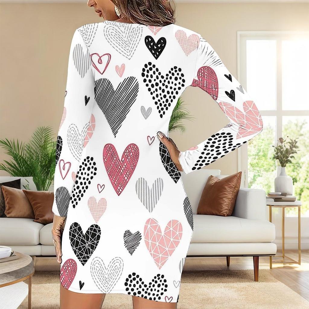 2025 Herbst und Winter Neu 3D Liebesmuster Druck und Färbung Damenmode Langärmeliges Rundhals Hüftbetontes Kleid Valentinstag Limited