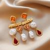 Rhinestone Asymmetrical Simulation Pearl Earrings for Women Palace Style Retro Earring Jewelry