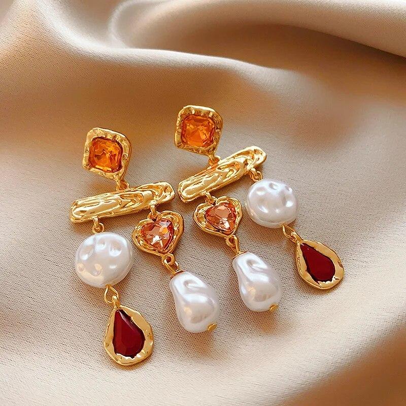 Rhinestone Asymmetrical Simulation Pearl Earrings for Women Palace Style Retro Earring Jewelry