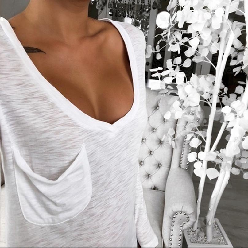 Fashion T-shirt Wild T-shirt Sexy V-neck Shirt Loose Pocket Top Casual Long Sleeve Bottoming T-shirt