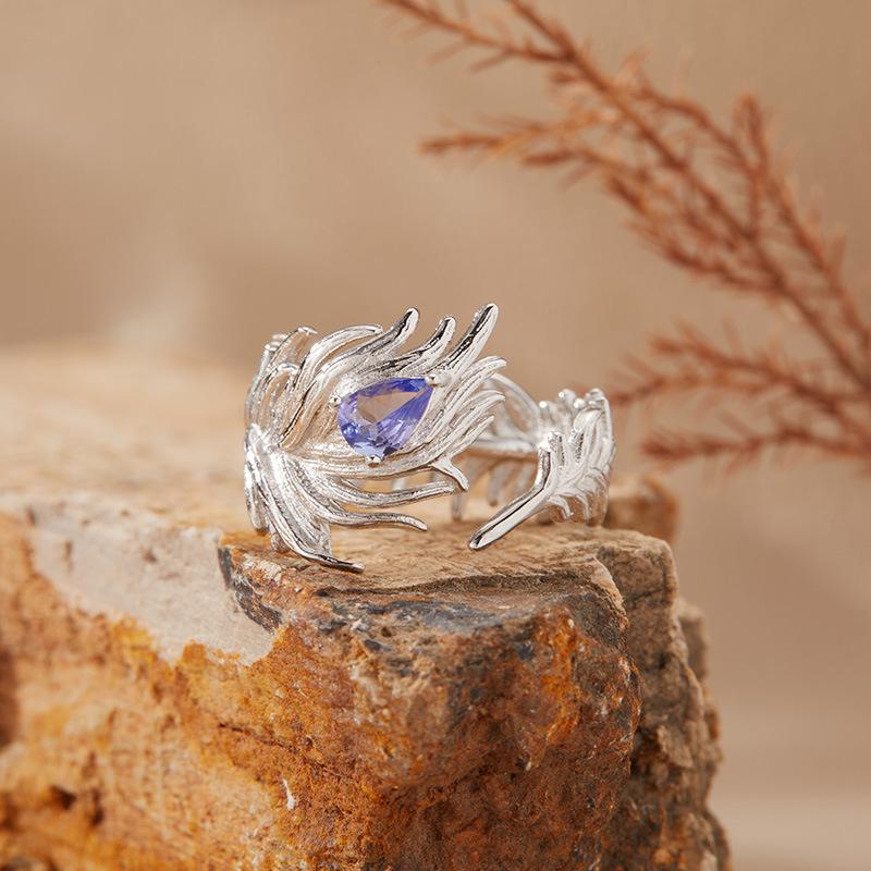 Natural Tanzanite Topaz Garnet Color Treasure Ring Women'S S925 Sterling Silver Feather Open Ring Earrings