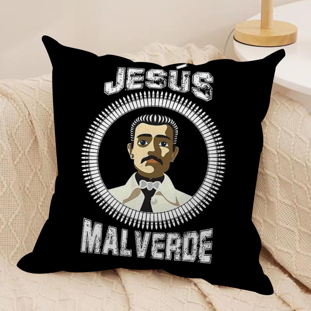 J-Jesus Malverde Cushion Cover Soft Plush Fabric Double-Sided Printed Sofa Cushion Cover for All Seasons Home Decor Gift