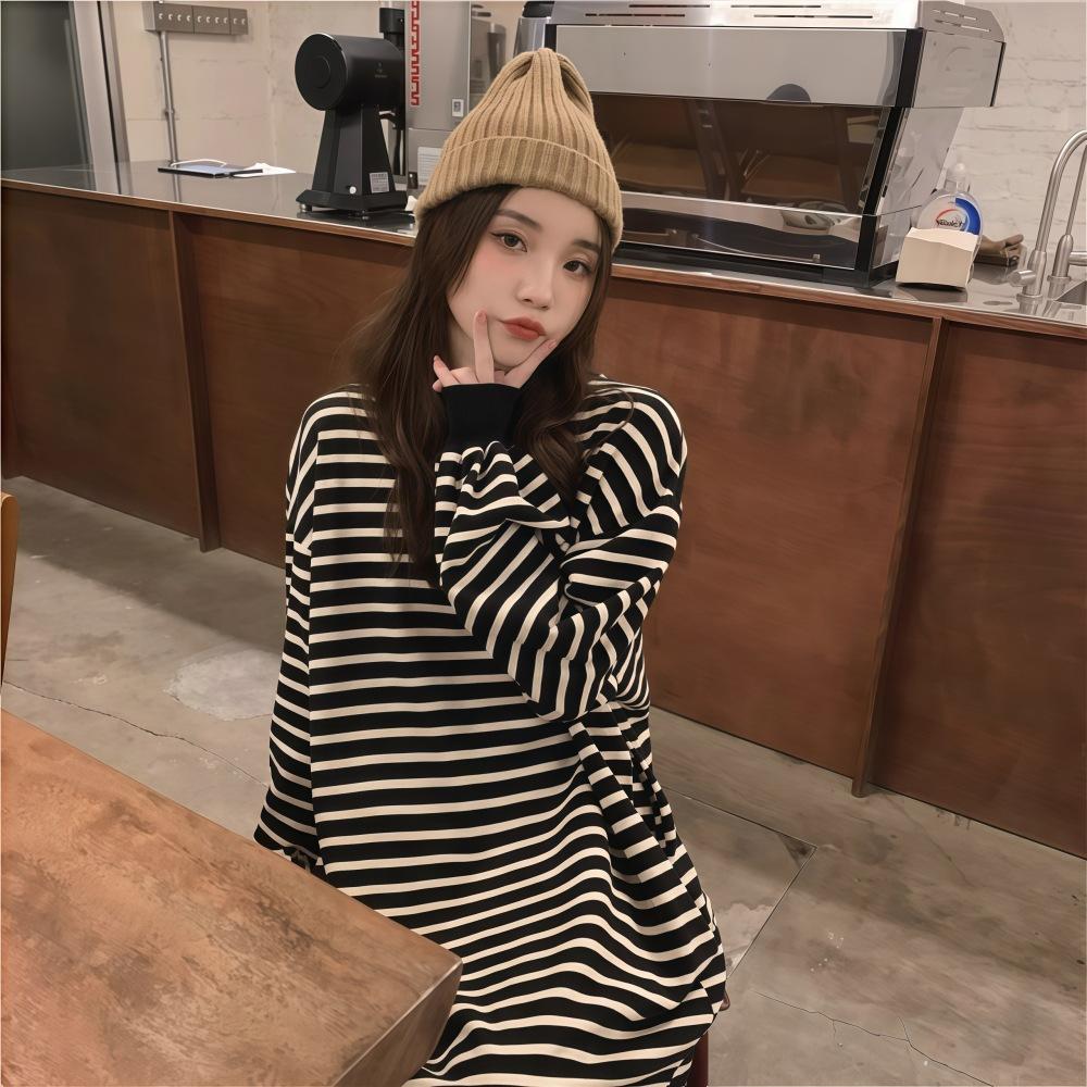 Vintage striped sweater dress women's autumn long over-knee meat covering and thin casual loose college style t-shirt skirt