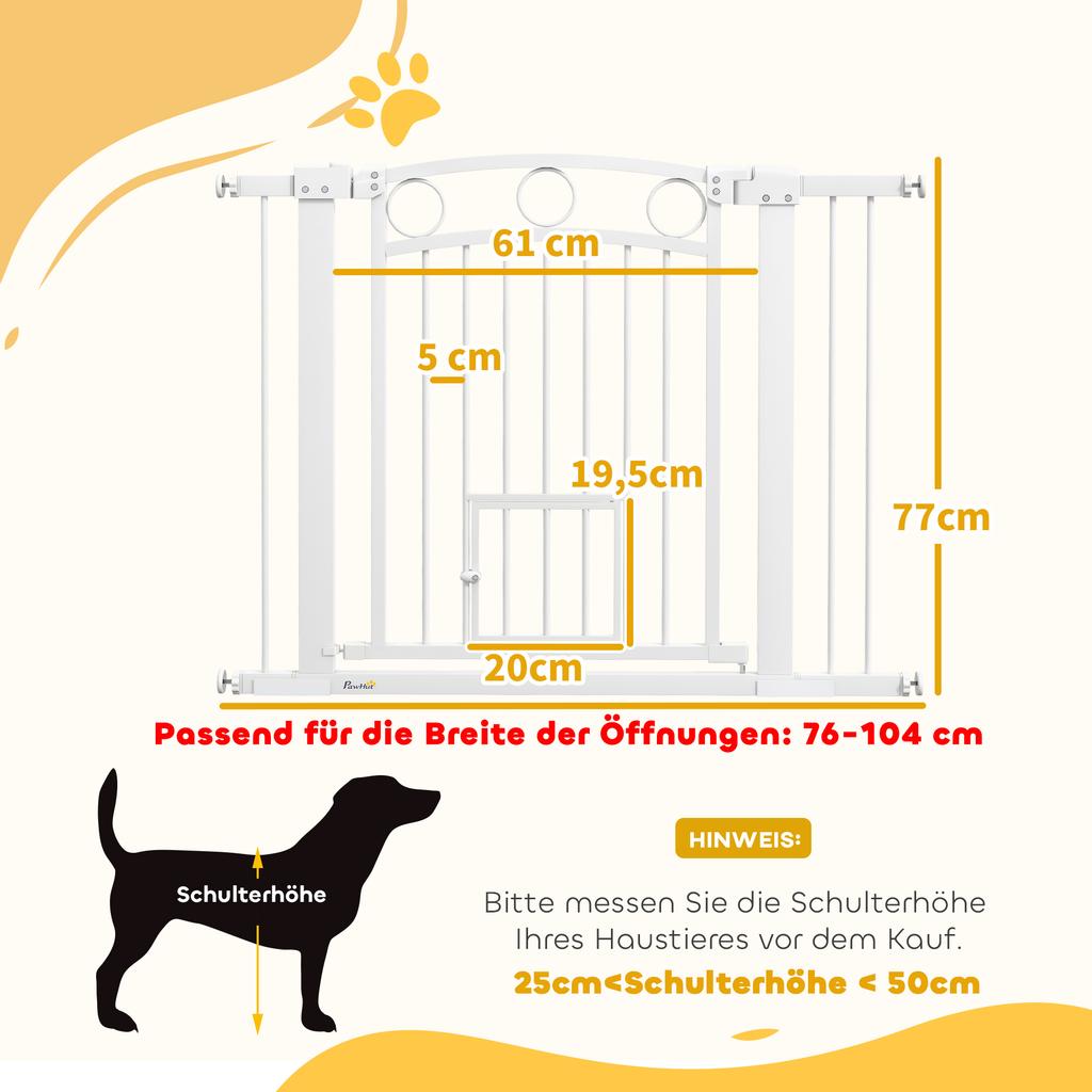 77cm Tall Dog Gate with Cat Door, 7cm and 14cm Extensions, for Stairs, Doorways, 76-104cm Width
