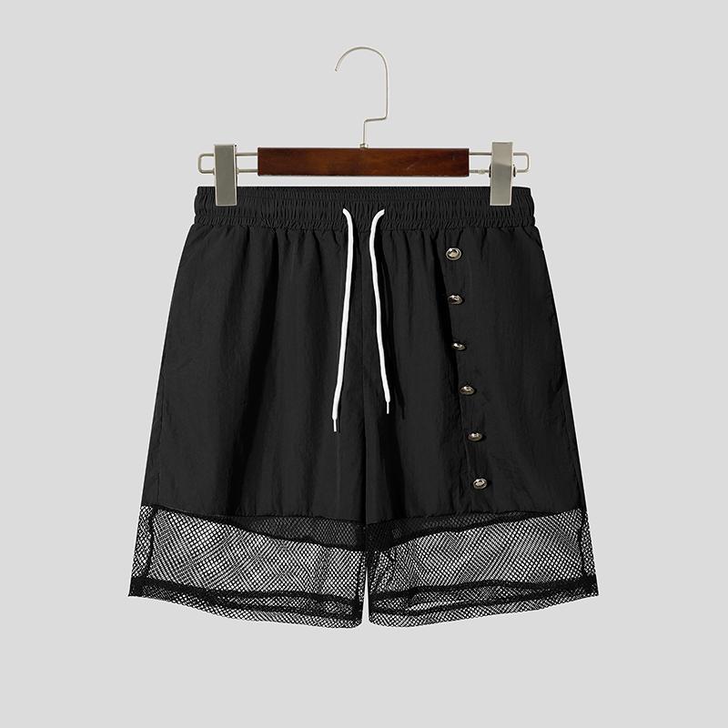 INCERUN Men Drawstring Elastic Waist Pockets Hollow Patchwork Casual Cargo Shorts Pants