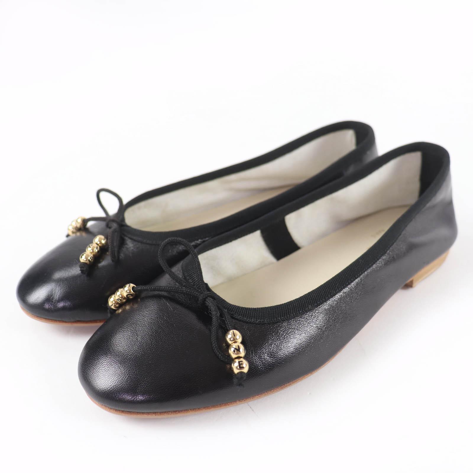 

Excellent CELINE Ballet shoes Logo Bead Ribbon Lamb Leather Ballerina black 37 Used