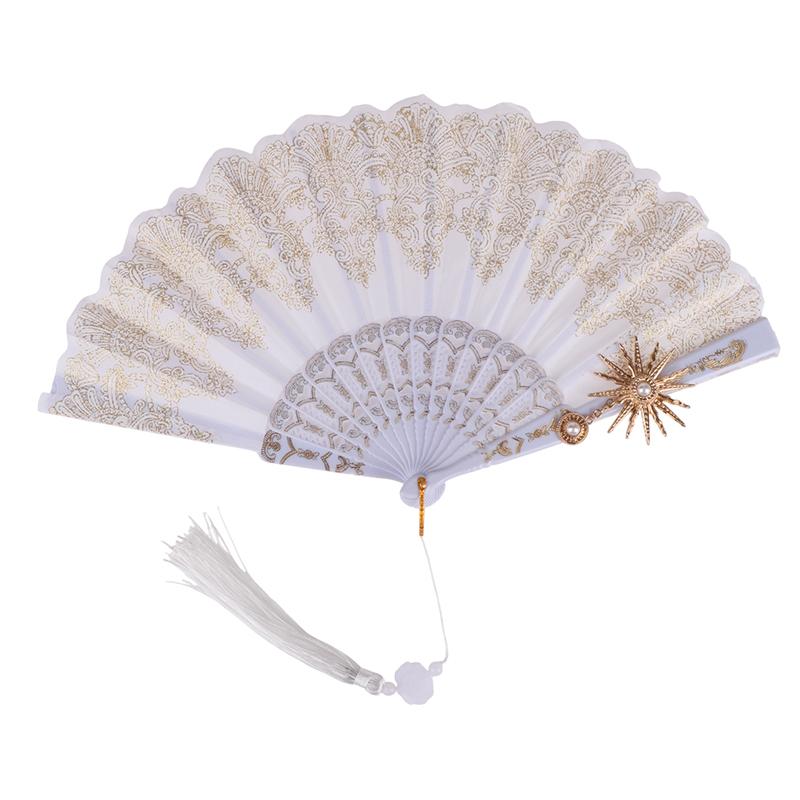 Ladies Lace Hand Fan Black White Cloth Folding Fans With Tassels Ancient-Style Dance Folding Hand Fan For Wedding Party Favor