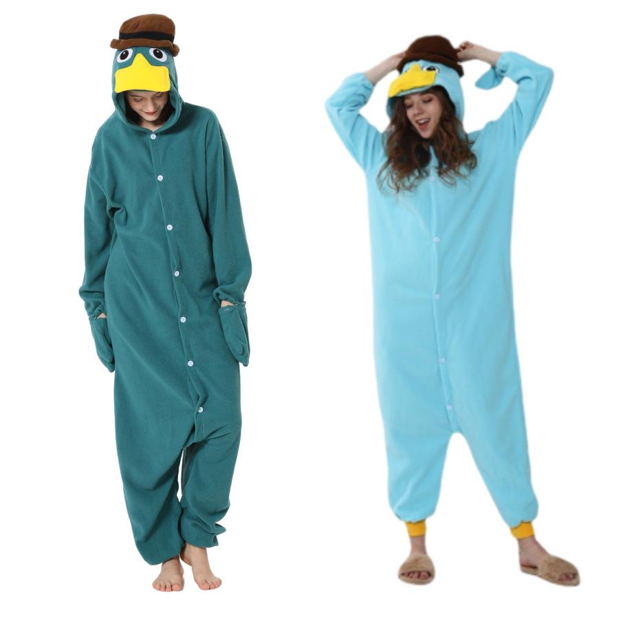 Animal Theme Cartoon One-Piece Pajamas Platypus Fleece Couple Loungewear