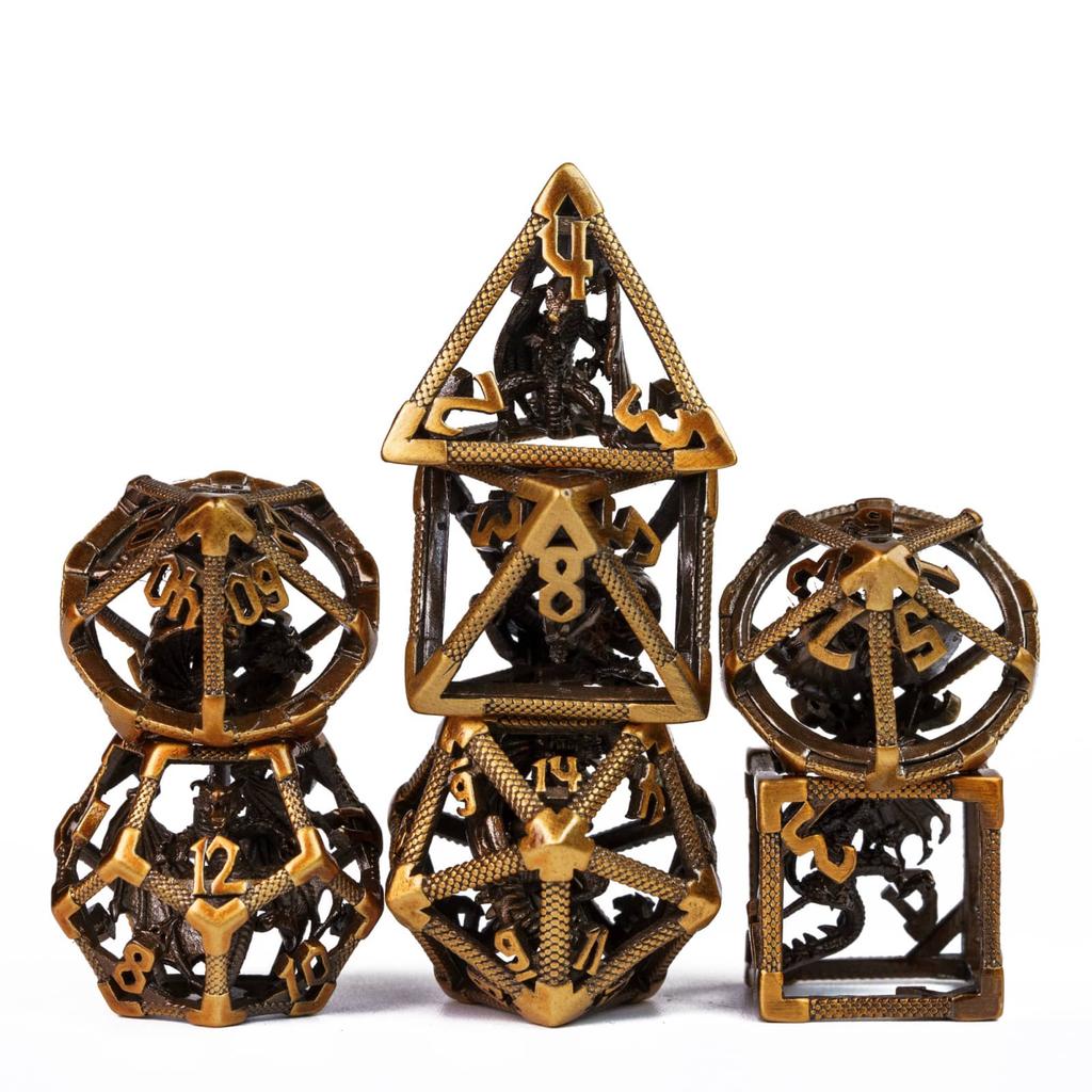 Cusdie Dračí duté kovové DND kostky 7 ks D4-D20 Polyedrická sada kostek se železnou krabičkou pro RPG hru Pathfinder Stolní hry